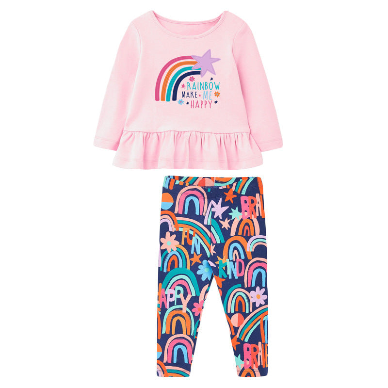 Children's Clothing Autumn New Girl Suit Rainbow Embroidery Hit Color Long-sleeved Children's Suit