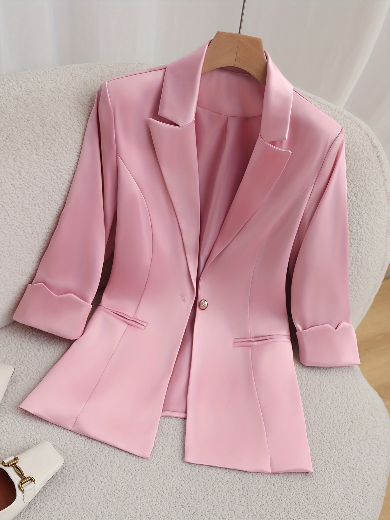 Elegant Women'S Pink Polyester Blazer - Solid Color, Regular Fit with Single-Breasted Button Detail, Versatile All-Season Jacket for Formal or Casual Attire, Allseason Jacket|Sophisticated Suit|Polyester Jacket, Ladies Blazer