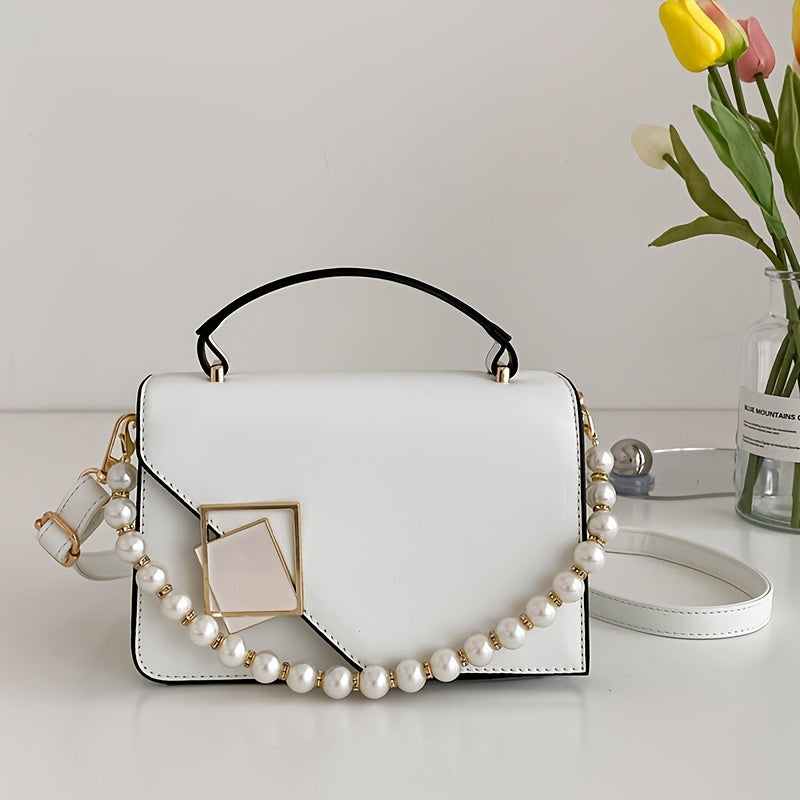 Fashion Square Handbag For Women, Faux Pearl Chain Decor Crossbody Bag, Metal Decor Flap Purse With Top Handle