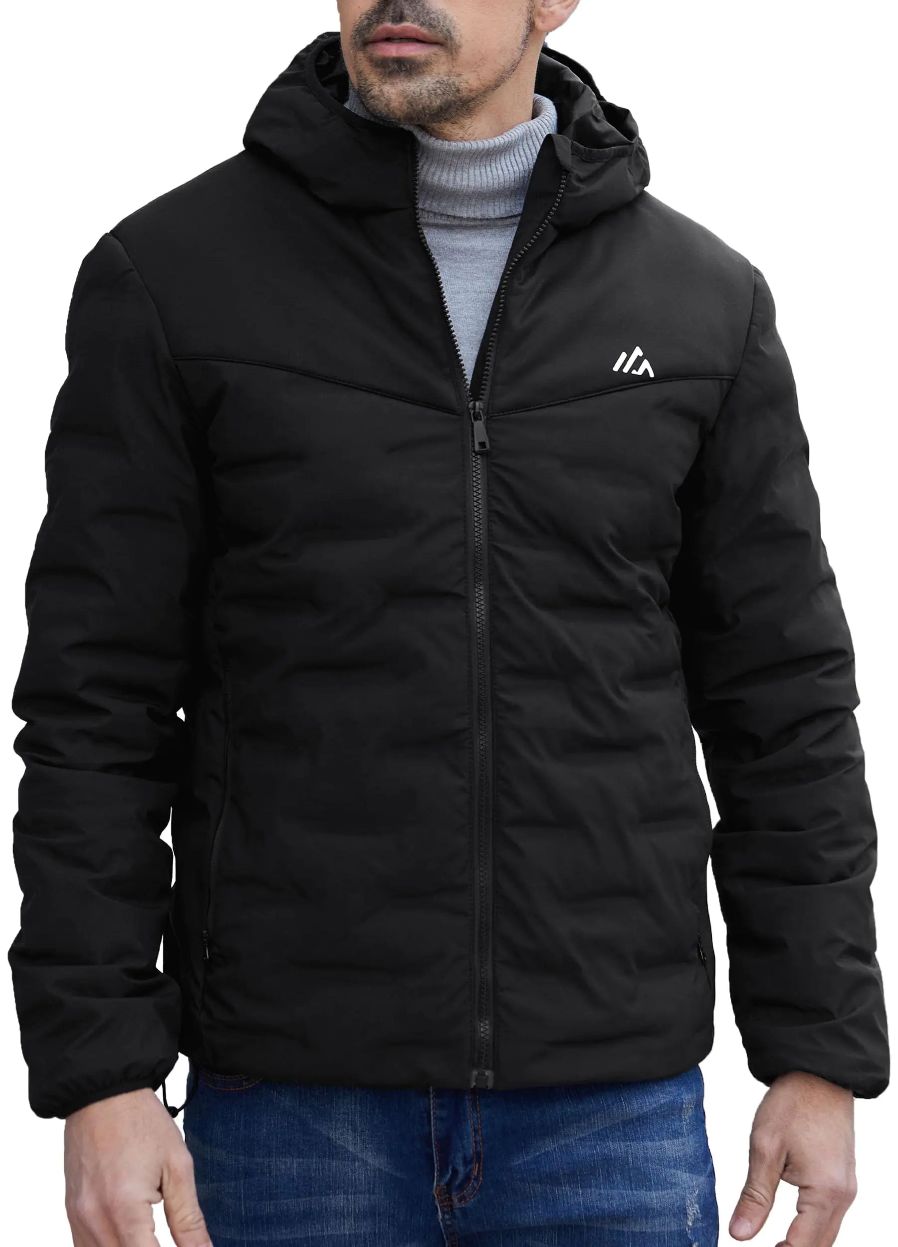 USHARESPORTS Men Puffer Jacket Winter Down Coat Insulated with Hood for Winter Outdoor Hiking BLACK XXXL