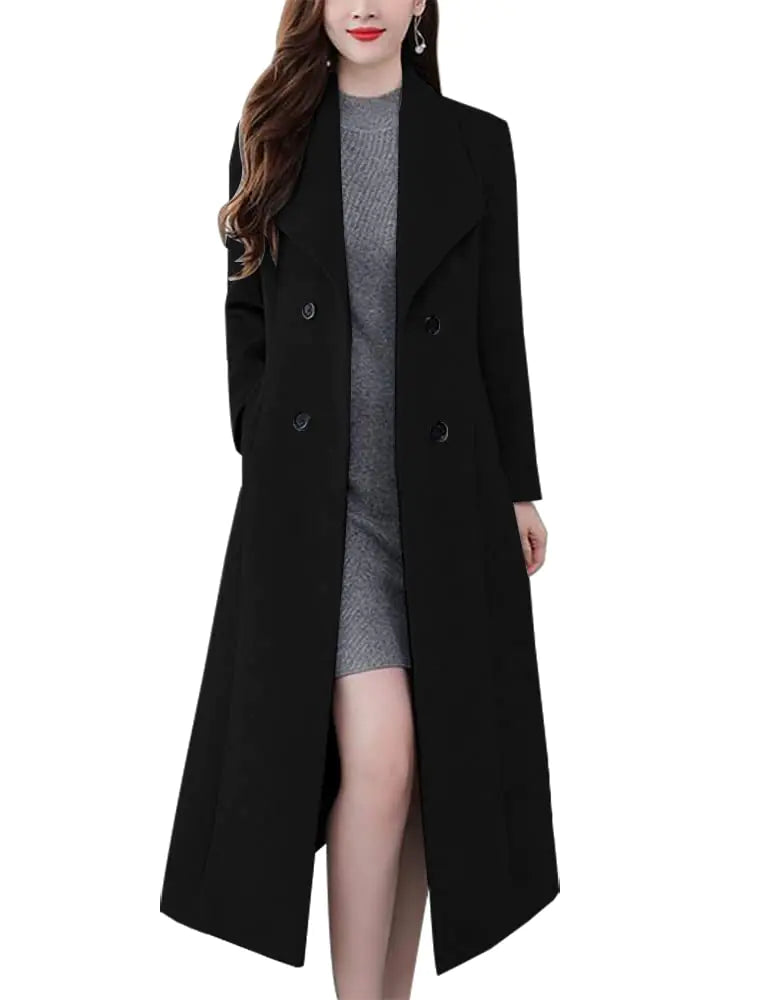 Kinghua Pea Coats for Women Double Breasted Winter Long Wool Coats Jackets (M Black)
