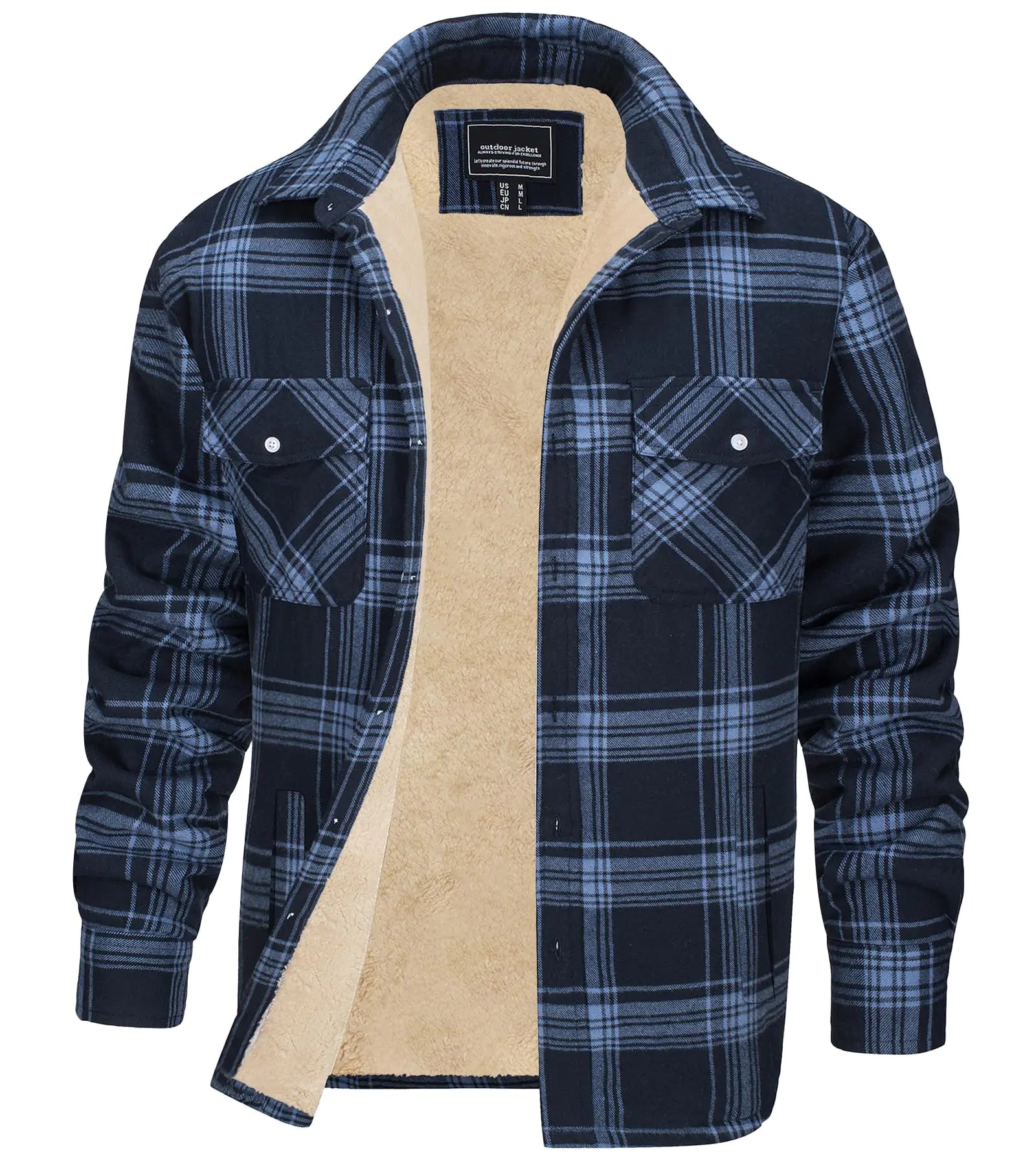 EKLENTSON Winter Jackets for Men Sherpa Lined Plaid Jacket Windproof Flannel Jacket Soft Fleece Fall Coat Grey Blue XL