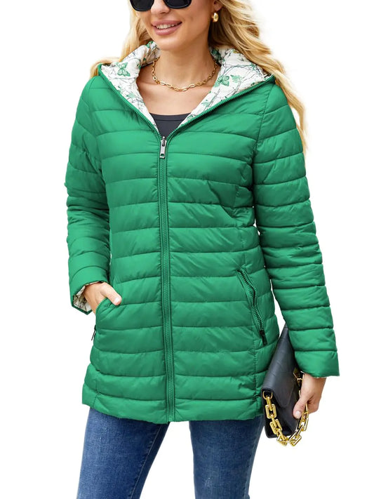 MODERN BUBBLE Puffer Jacket Womens with Hood Mid Length Winter Coats for Women Packable Quilted Lightweight Jackets