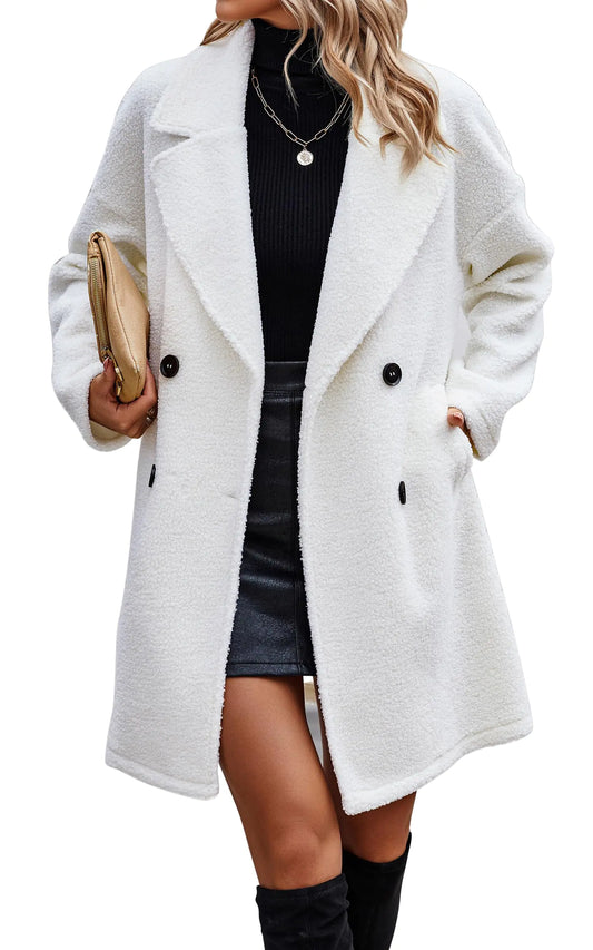 Angashion Women Long Sherpa Coat - Fuzzy Faux Fur Trench Jackets Winter Fleece Button Cardigan with Pockets White Small